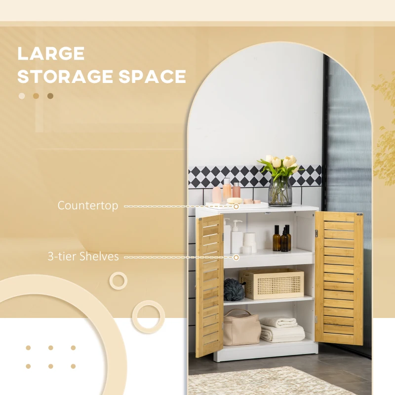 kleankin Bathroom Floor Cabinet, Side Storage Organizer Cabinet with Bamboo Doors, Adjustable Shelves for Bathroom, White and Natural