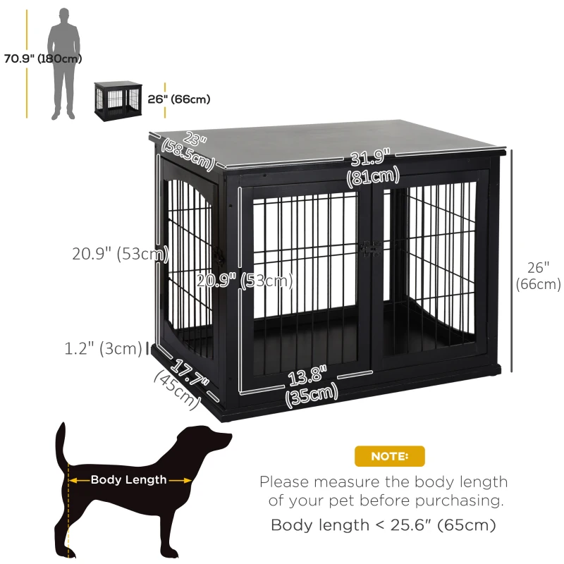 PawHut 26" Wooden Dog Cage with Double Door Entrance & Simple Modern Design, Black