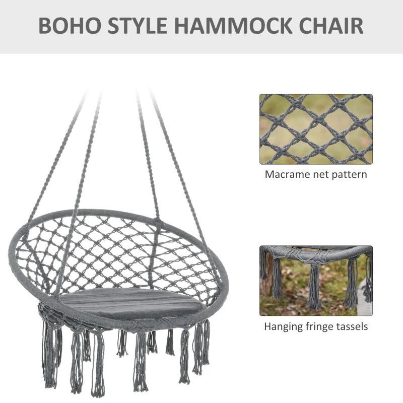 Outsunny Patio Hammock Chair, Hanging Rope Hammock Swing for Indoor & Outdoor Use with Backrest, Cotton-Polyester Blend, Fringe Tassels, Dark Grey