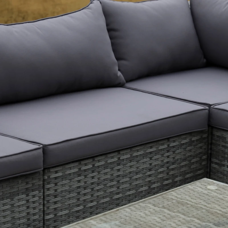 Outsunny Patio Furniture Set, 8 Pieces, Sectional Sofa, All Weather PE Rattan Conversation Set, Tempered Glass Table, 6 Seats, Ottoman Footstool, Cushions for Lawn, Backyard, Gray