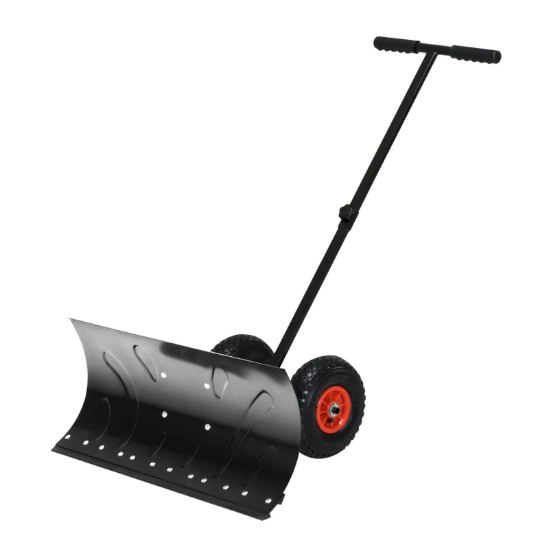 Outsunny Snow Shovel Rolling Pusher with 29" Blade, 10" Wheels & Angle-Adjustable Handle, Black