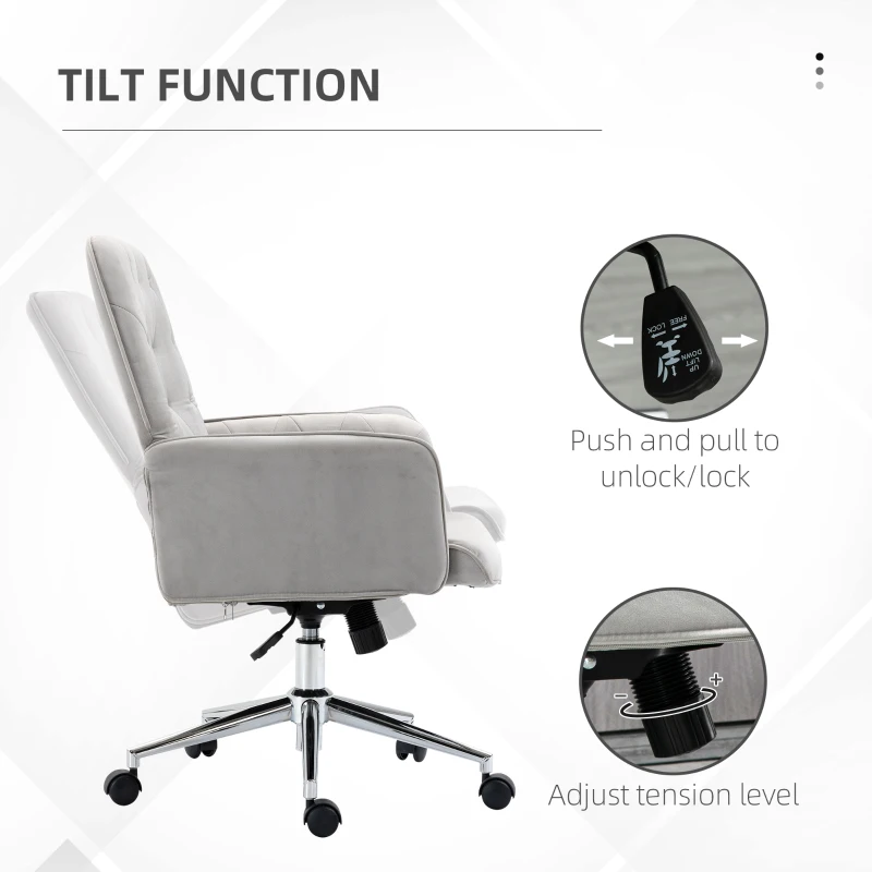 Vinsetto Velvet Home Office Chair, Tufted Height Adjustable Computer Desk Chair with Swivel Wheels and Padded Armrests, Light Gray