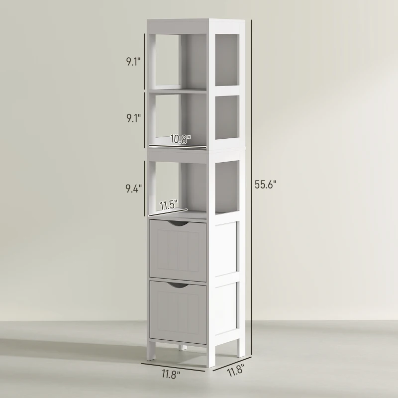 HOMCOM Narrow Bathroom Storage Cabinet, Bathroom Cabinet with 2 Drawers & 3 Open Shelves, Slim Bathroom Floor Cabinet, White