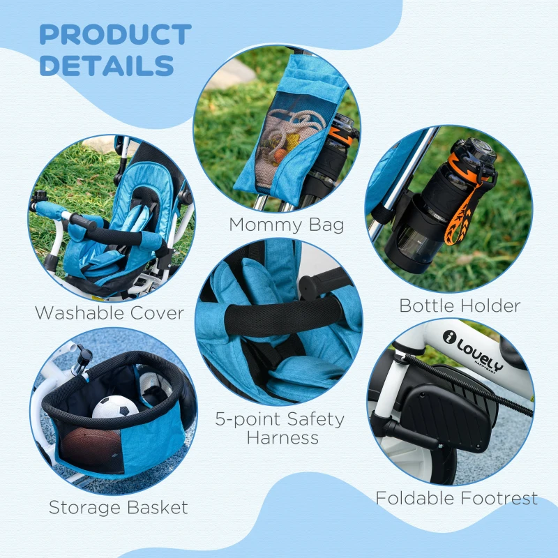Qaba 6 in 1 Tricycle for Toddler 1-5 Years with Parent-Push Handle, Blue