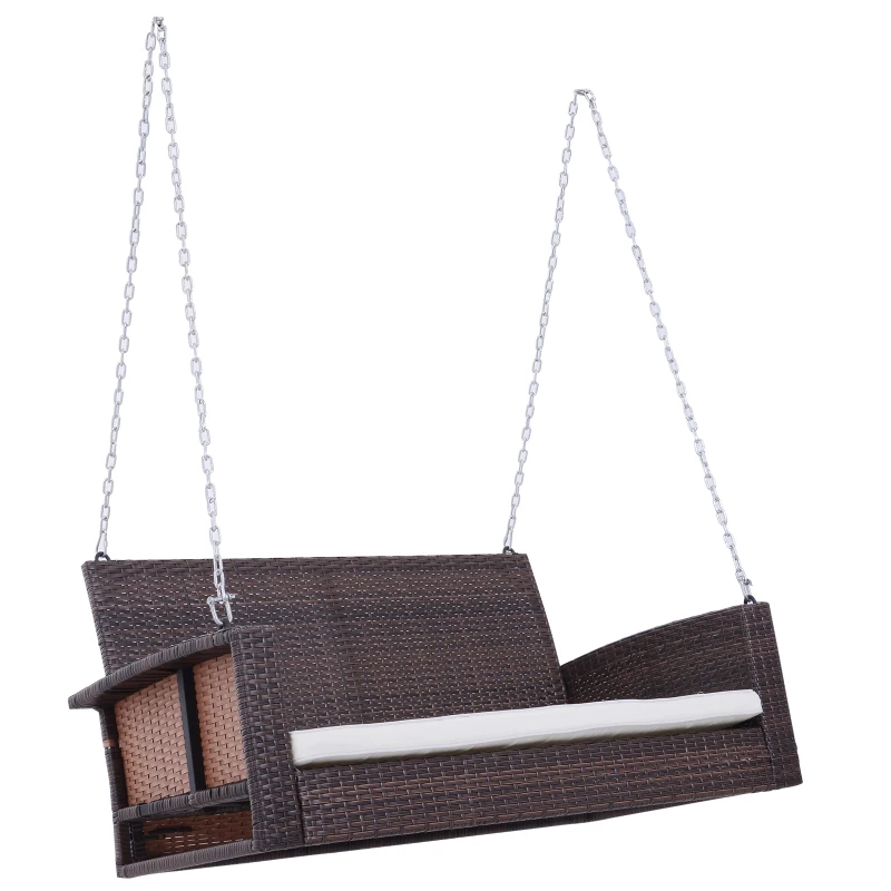 Outsunny 2-Person Patio Porch Swing Chair, Outdoor Rattan Hanging Bench with Cushion & 7.2 ft Steel Chains, Beige