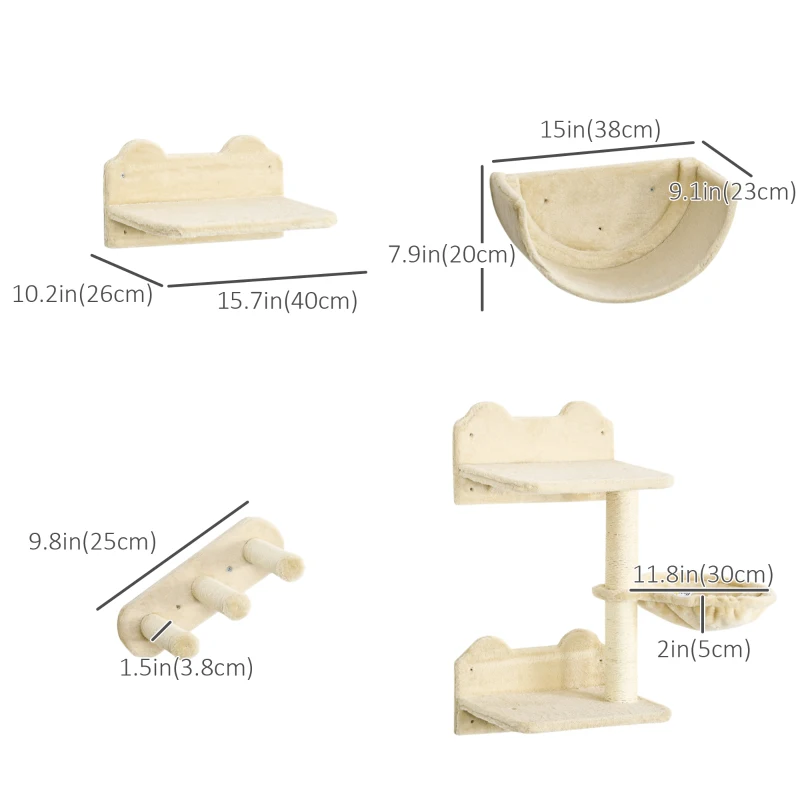 PawHut Cat Wall Shelves, 3PCs Cat Shelves with Hammock, Scratching Post, 3 Steps, Jumping Platforms, Wall Mounted Cat Climber, Beige