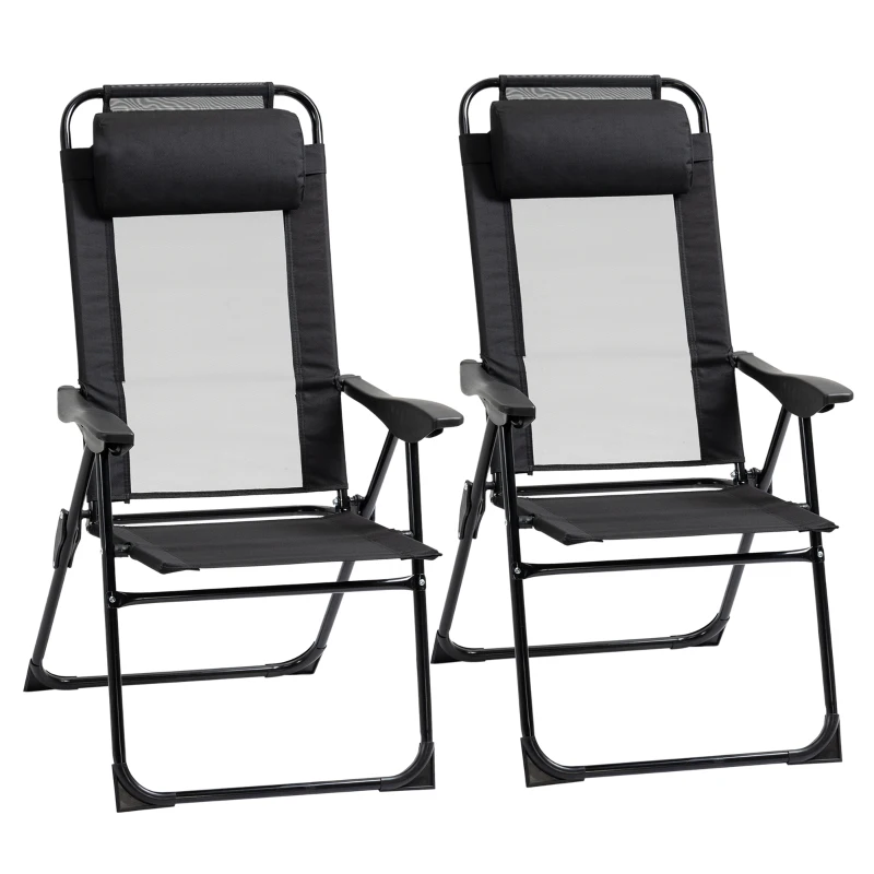 Outsunny Folding Patio Dining Chairs Set of 2, Outdoor Deck Chair with Adjustable Sling Back, Camping Chair with Removable Headrest for Garden, Backyard, Lawn, Black