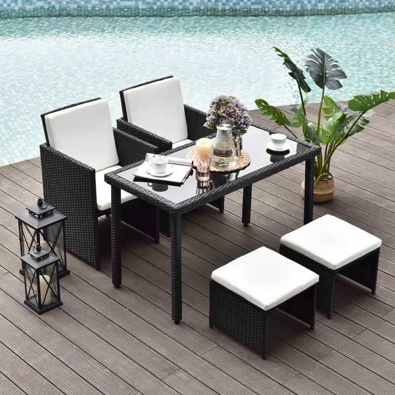 Outsunny 5pc Rattan Wicker Dining Set Outdoor Sofa Table Ottoman Set Space Saving Patio Furniture with Cushion, Black