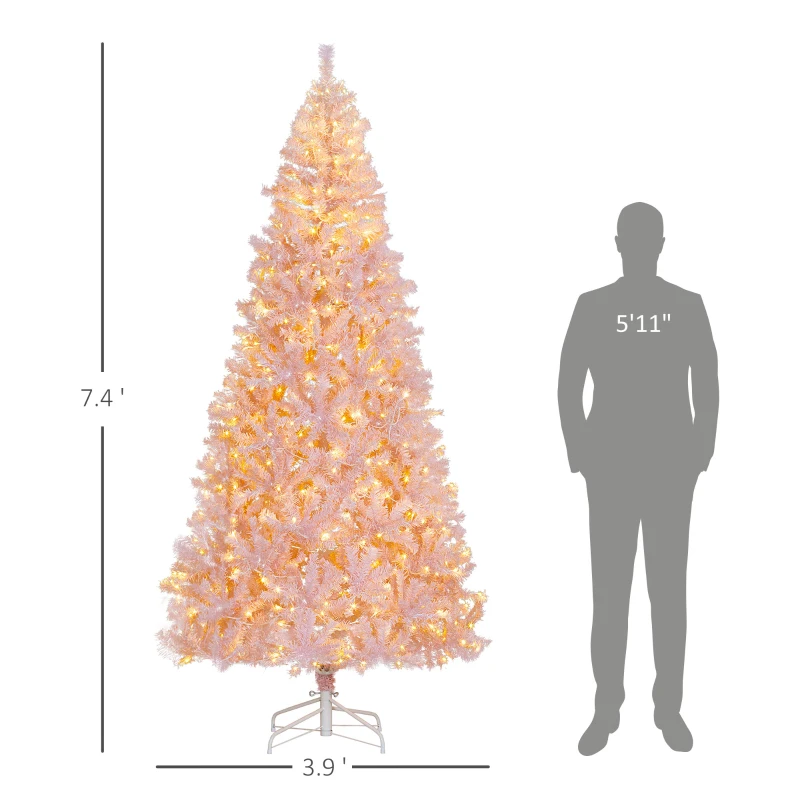 HOMCOM 7.5 FT Tall PreLit Artificial Christmas Tree with Realistic Branches, 500 Warm White LED Lights and 1346 Tips, Pink