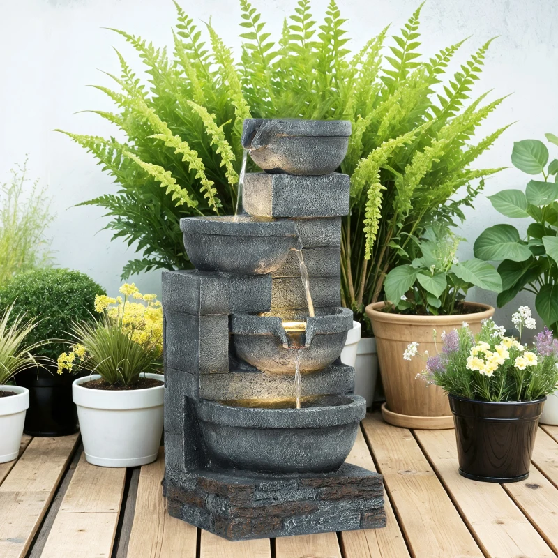 Outsunny 30" Tall Outdoor Water Fountain with LED Lights, 4-Tier Resin Cascading Bowls Garden Fountain Waterfall Fountain with Pump, Grey