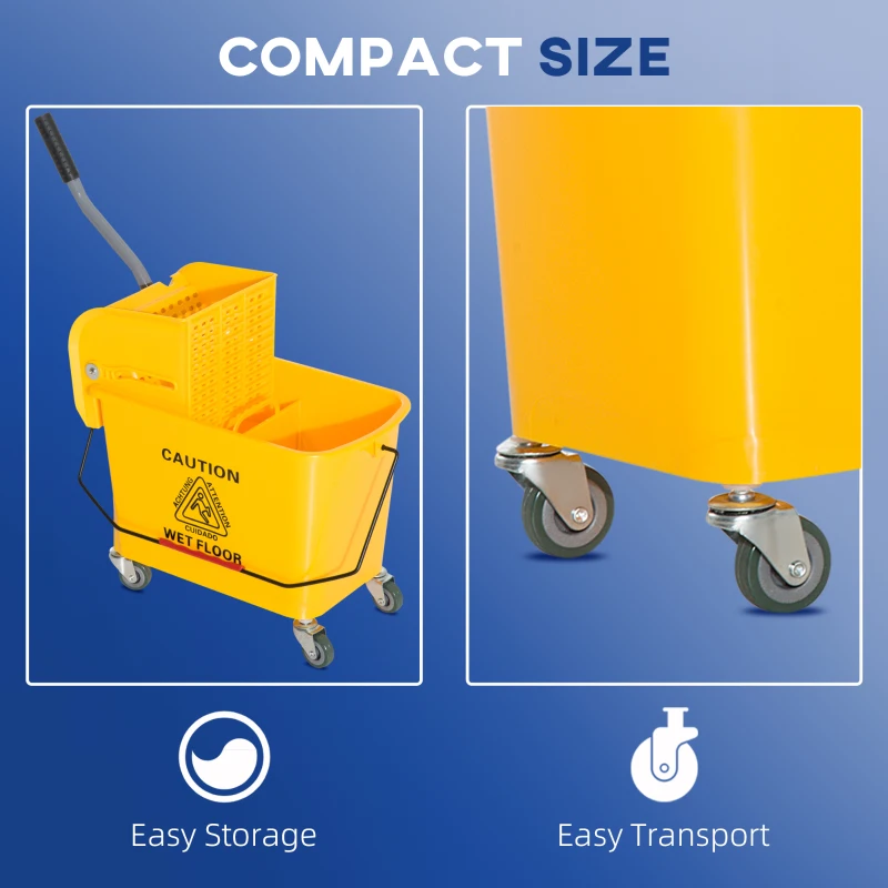 HOMCOM Compact Mop Bucket with Wringer, Mop Bucket on Wheels, 21 Quart, Separate Dirty and Clean Water, Yellow