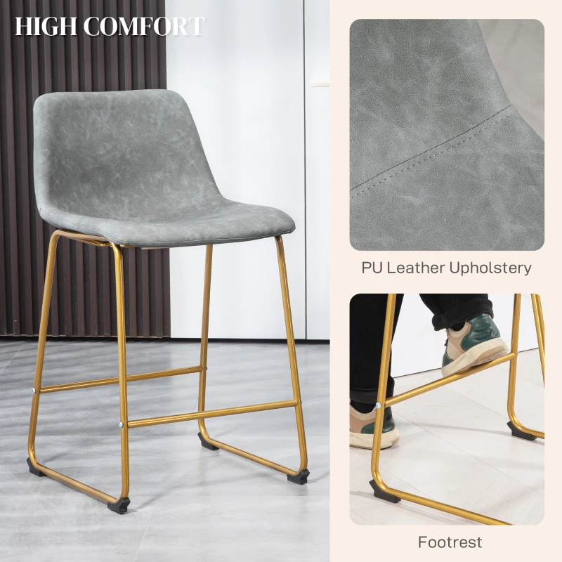 HOMCOM Counter Height Stools Set of 2, PU Leather Upholstered Stools for Kitchen Island, Modern Bar Chairs, Light Grey