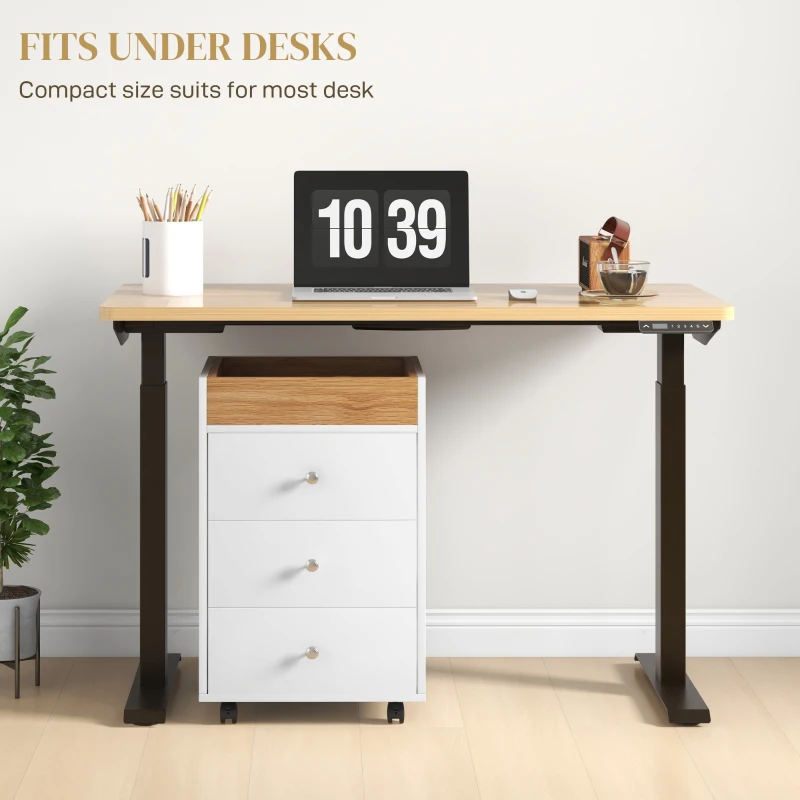 HOMCOM 3 Drawer File Cabinet on Wheels Mobile Home Office Storage Cabinet with Top Tray Under Desk Printer Stand, White