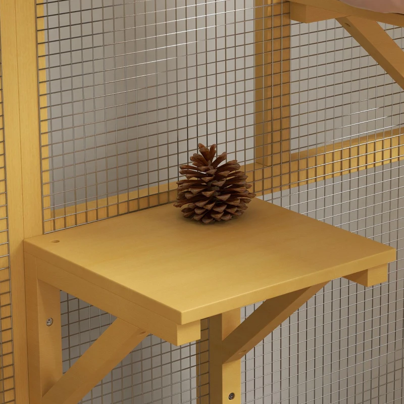 PawHut Cat Condo Wooden Indoor Cat House on Wheels with Cat Flap Door Platforms Hammock Openable Top for 2 Cats, Yellow