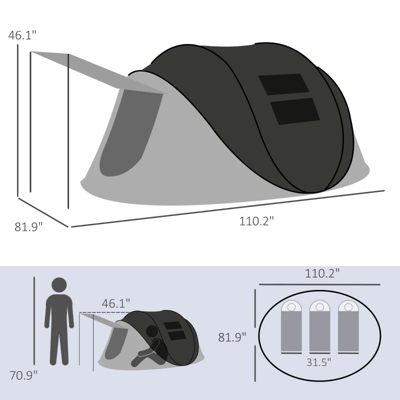 Outsunny Pop Up Tent with Porch and Carry Bag, 3000mm Waterproof, for 2-3 People Camping Hiking, Black