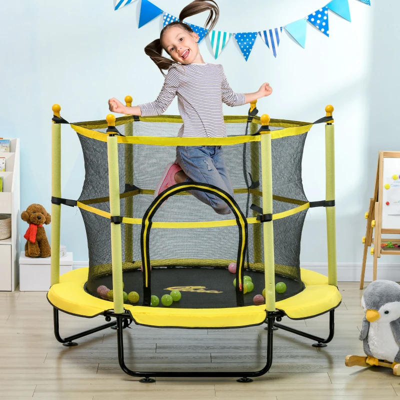 Qaba 4.6' Trampoline for Kids with Safety Enclosure & Ball Pit, Yellow