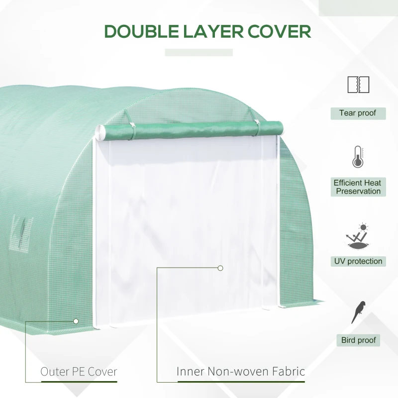 Outsunny 116" x 116" x 78" Large Walk-in Double Cover Polytunnel Greenhouse Outdoor w/ Roll-Up Zipper Doors and Windows Grow Plants, Seedlings, Herbs, or Flowers In Any Season-Gardening