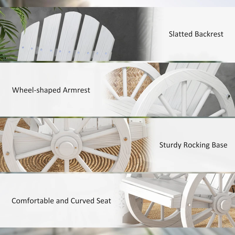Outsunny Patio Wooden Rocking Chair, Wagon Outdoor Rocker Chair with Slatted Design and Wheel Armrests for Garden, White