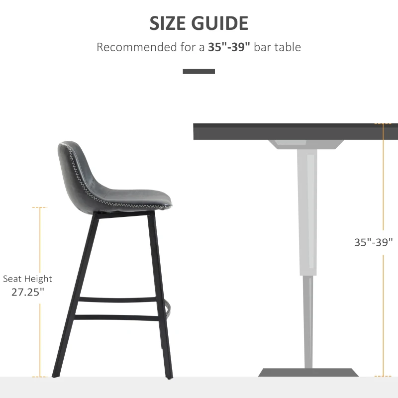 HOMCOM 27.25" Counter Height Bar Stools, Industrial Kitchen Stools, Upholstered Armless Bar Chairs with Back, Steel Legs, Set of 2, Black