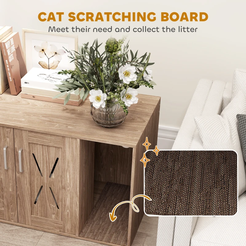 PawHut Cat Litter Box Enclosure with Scratching Board, Cat Washroom End Side Table, 31.5" x 19" x 20", Walnut Brown
