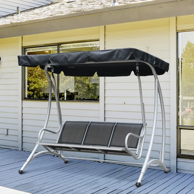 Outsunny 3-Seat Outdoor Porch Swing Chair, Patio Swing Glider with Adjustable Canopy, Breathable Seat, and Steel Frame for Garden, Poolside, Backyard, Black