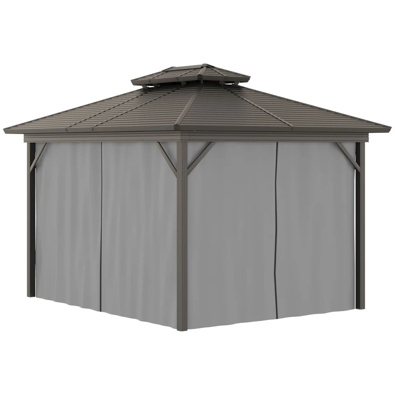 Outsunny 10'x12' Hardtop Aluminum Gazebo Garden Sun Shelter with Mosquito Netting and Curtains Hanging Hook, Black