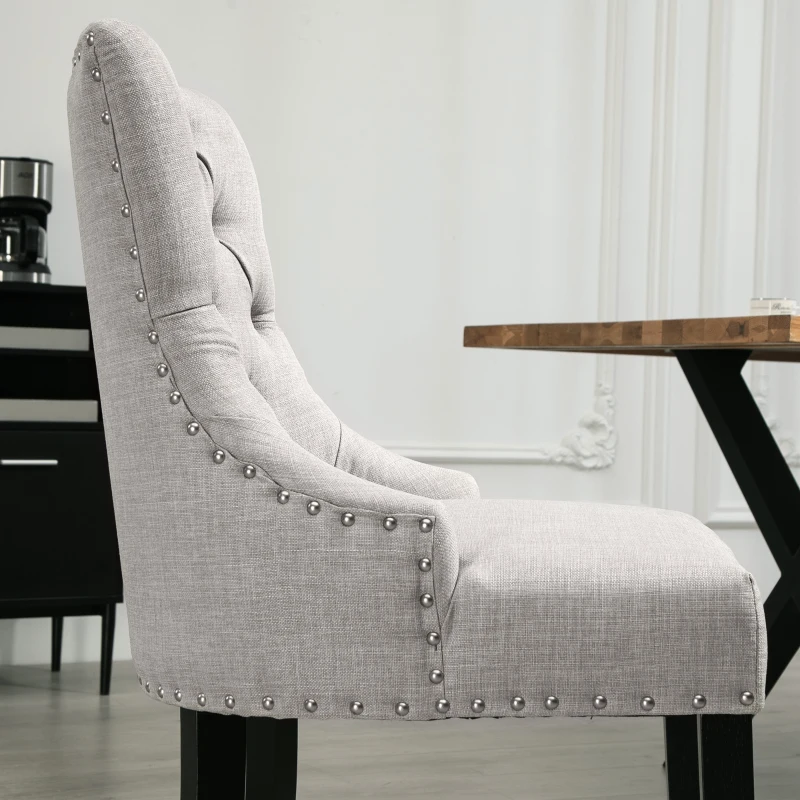 HOMCOM Swoop Air Linen Fabric Dining Chair Set of 2 with Nailhead Trim and Wood Legs,  Light Grey