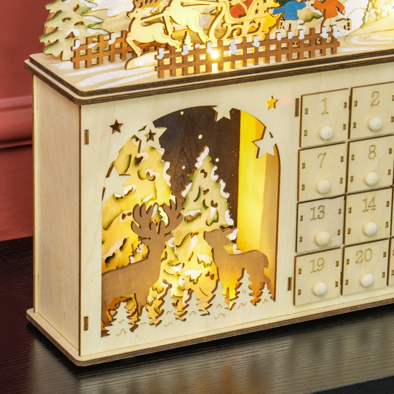 HOMCOM Wooden Christmas Advent Calendar with 24 Countdown Drawers and LED Lights for Kids and Adults, Battery Operated