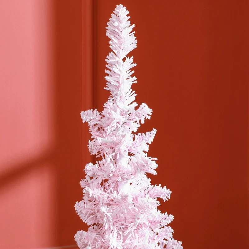 HOMCOM 5ft Pencil Christmas Tree, Slim Artificial Christmas Tree with Snow Flocked Branches and Warm White LED Lights, Pink