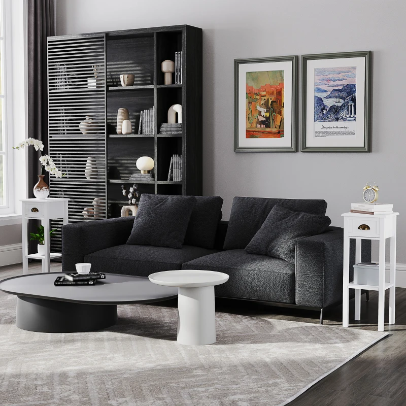 HOMCOM 2-Tier Side Tables Set of 2 with Drawer and Shelf, 2 Pieces End Tables for Living Room and Hallway, White