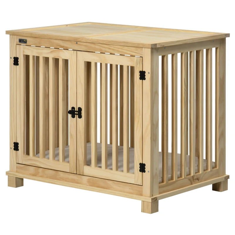 PawHut Wooden Dog Crate Furniture with Soft Cushion, Dog Crate End Table with Double Doors, Indoor Pet Crate for Small Medium Dogs