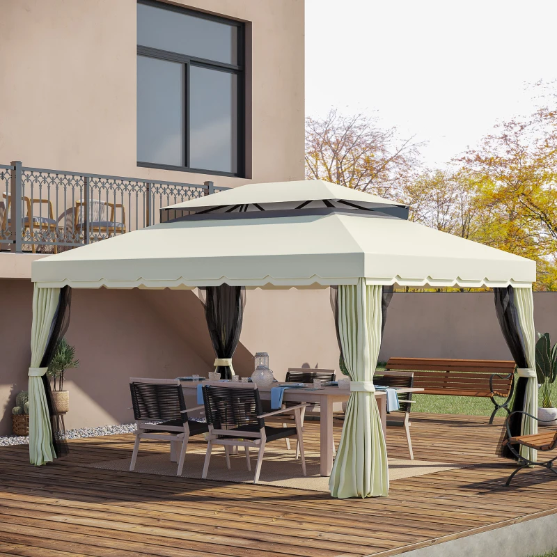 Outsunny 10 x 13ft Aluminum Frame Gazebo Canopy Double Tier Garden Shelter with Netting and Curtains, Cream White