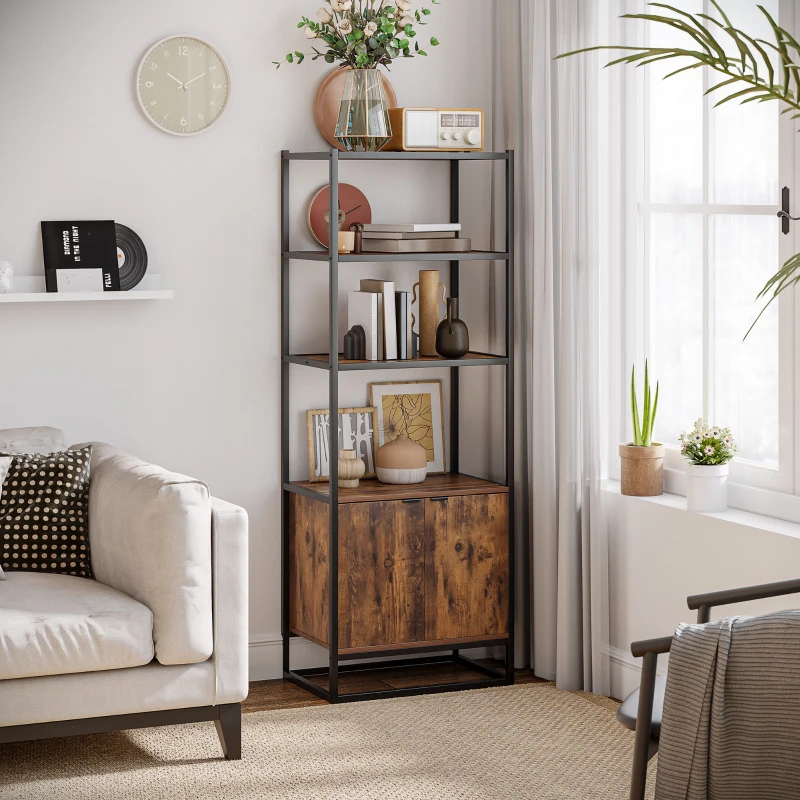 HOMCOM Bookcase with Cabinet, 3-Tiers Bookshelf for Storage, Tall Organizer Multifunctional Rack for Living Room Home Office, Brown