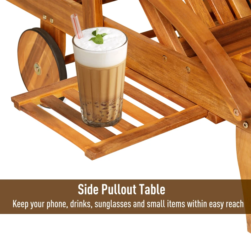 Outsunny Acacia Wood Folding Patio Sun Lounger with Wheels and Pull-Out Tray