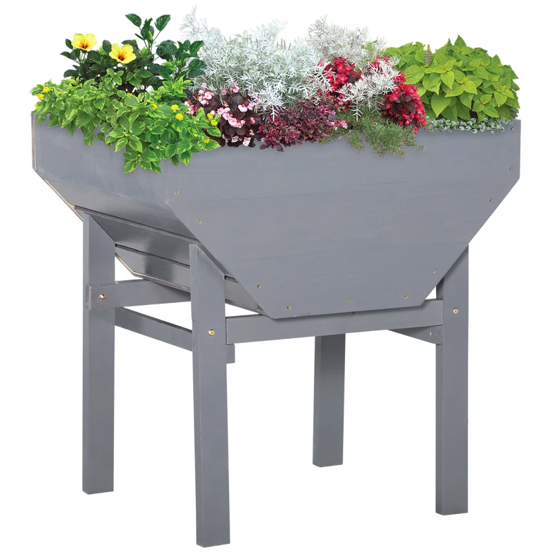Outsunny Elevated Planter Box with Legs Wood Raised Garden Bed with Non-Woven Fabric, Elevated Planting Box, Outdoor Vegetable Flower Container, Grey