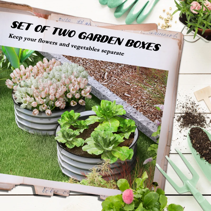 Outsunny Set of 2 Raised Garden Bed, Metal Planter Box with Safety Edging, Easy-to-assemble Stock Tank 2'x2'x1' Silver