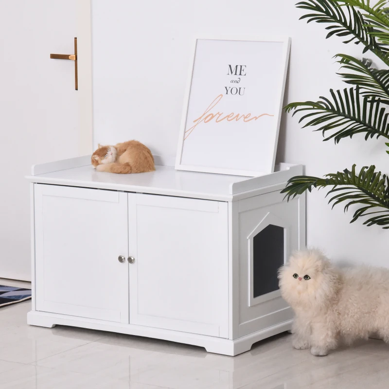 PawHut 37.5" Wooden Covered Mess Free Cat Litter Box End Table Hideaway Cabinet with Storage for Accessories, White