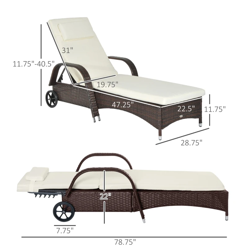 Outsunny Wicker Chaise Lounge, Outdoor Lounge Chair, PE Rattan Patio Sun lounger with Head-rest, 5-Level Height Adjust Backrest, Cushion & Wheels, Mixed Brown and Cream White