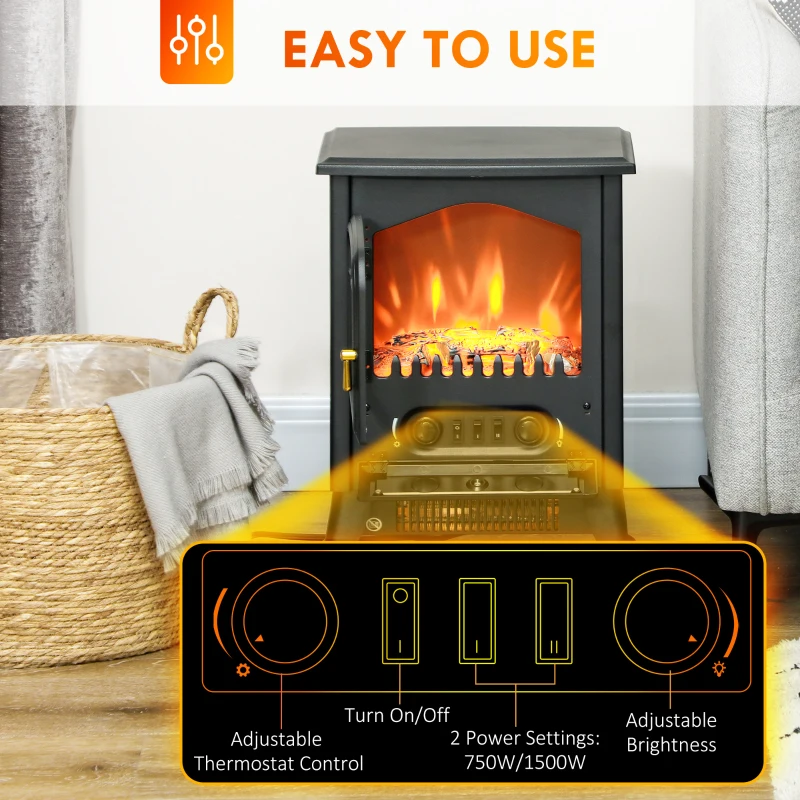 HOMCOM Fireplace Stove, Electric Fireplace Heater with Realistic LED Flames and Logs, 725W/1450W, Black