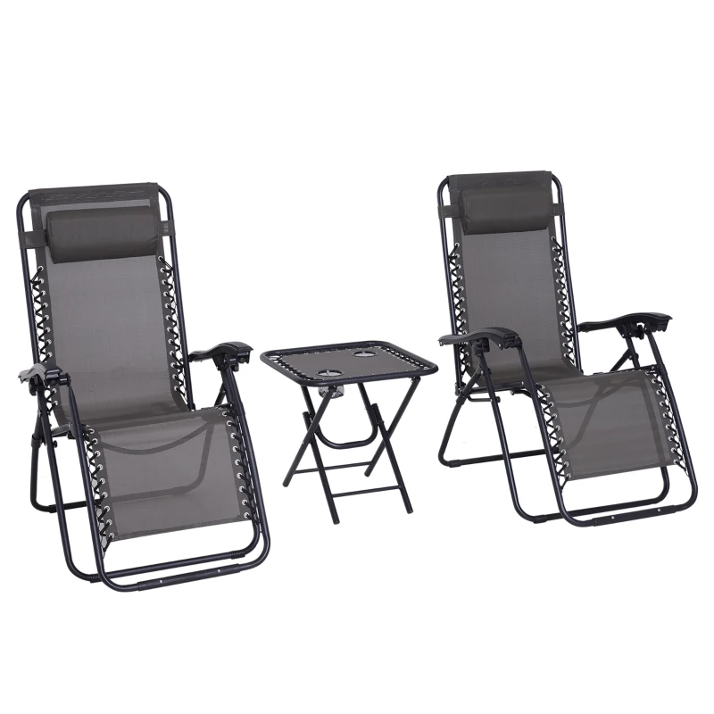 Outsunny Zero Gravity Chair Set of 2 Patio Chair with Side Table Cupholders and Pillows for Pool, Backyard, Lawn, Beach, Grey