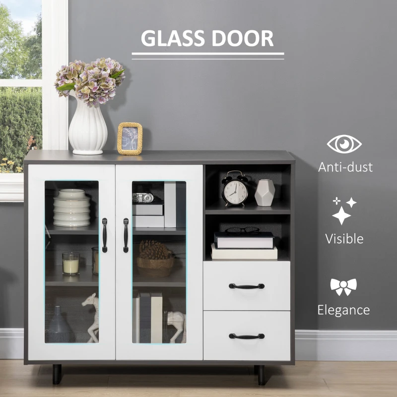 HOMCOM Kitchen Buffet Cabinet, Storage Sideboard with Glass Doors Cupboard, 2 Drawers and 2 Open Shelves, Charcoal Grey