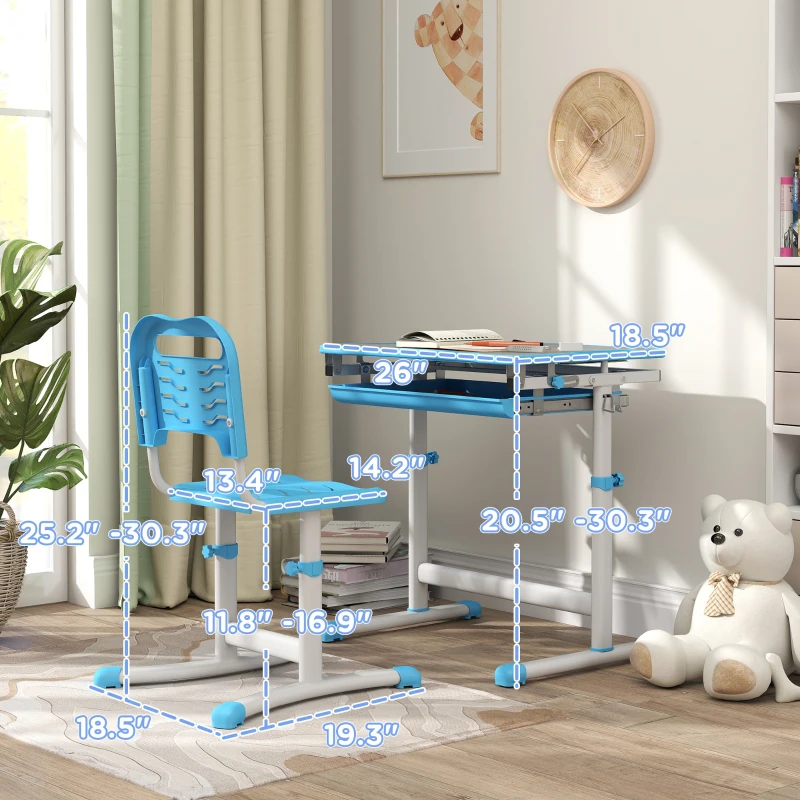Qaba Height Adjustable Kids Desk and Chairs Set with Tilt Desktop, Storage Drawer, Pen Slot, Hook, Blue