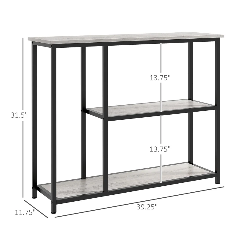 HOMCOM 39" Console Table, Entryway Table with 2 Storage Shelves, Steel Frame, Narrow Sofa Table for Living Room, Gray
