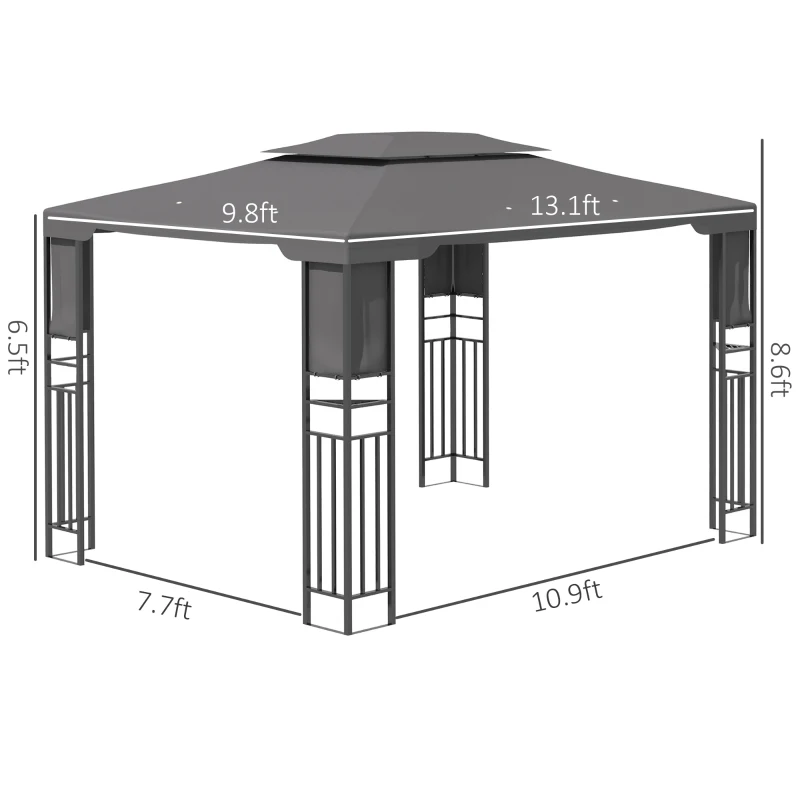Outsunny 10' x 13' Outdoor Patio Gazebo with Double Vented Roof, Storage Shelves, Steel Frame for Lawn, Backyard and Deck, Gray
