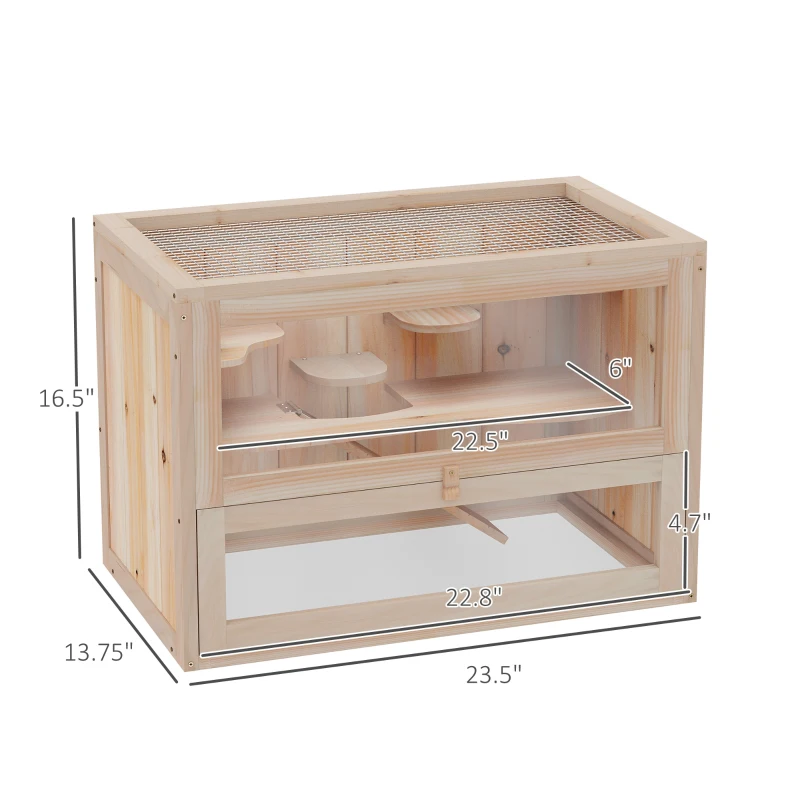 PawHut 2-Level Hamster Cage Mice and Rat House, Small Animal Habitat for Guinea Pigs, Chinchillas with Openable Top, Front Door, Shelf and Ladder, Natural