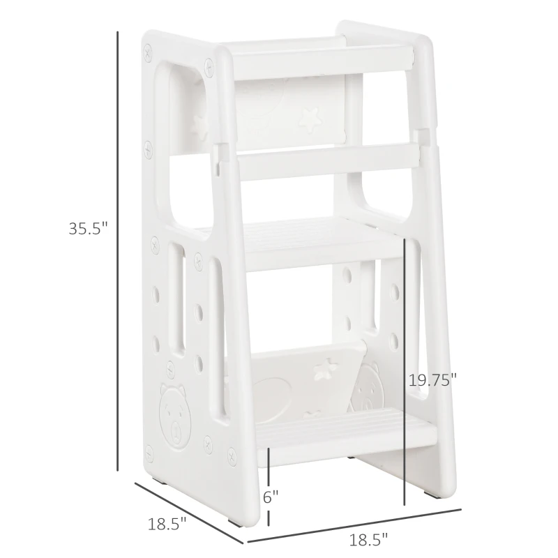 Qaba Toddler Tower with Adjustable Height, Toddler Kitchen Stool Helper with Anti-slip Mat, Step Stool for Kitchen, Bathroom, White