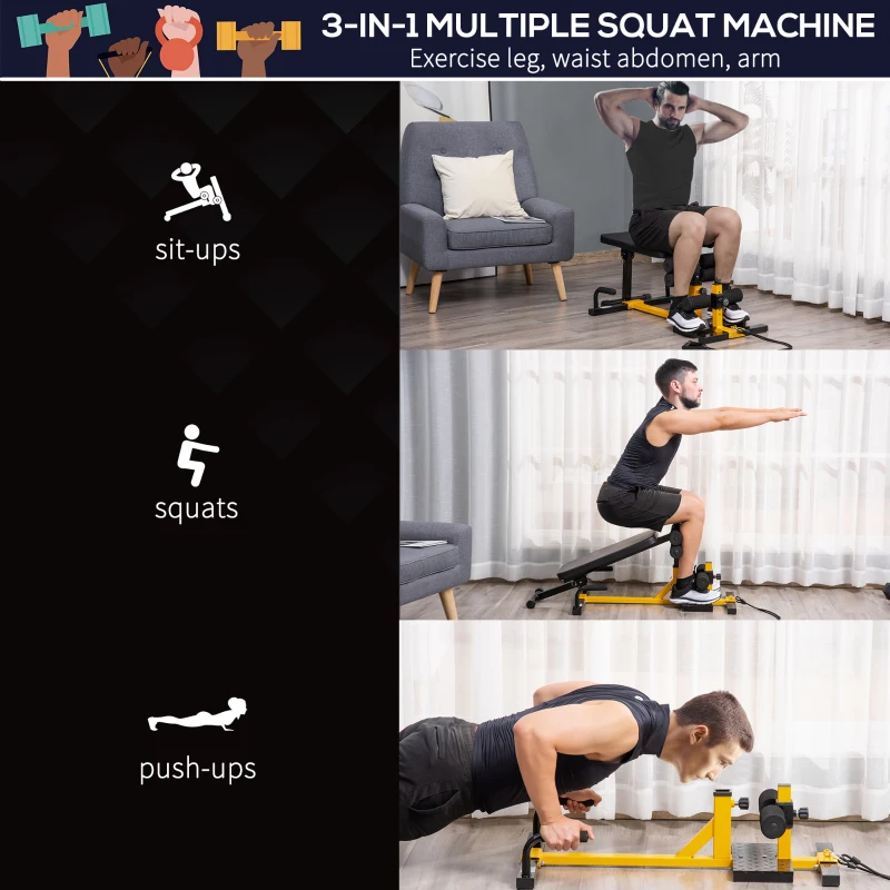 Soozier 3-in-1 Squat Machine w/ Resistance Bands, Adjustable Padded Bench & Leg Exerciser, Squats, Push Up, Sit Up for Home, Office, Gym Fitness Equipment, Yellow