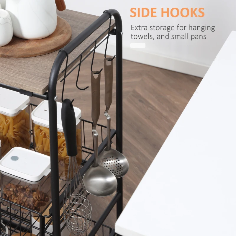 HOMCOM 3 Tier Kitchen Cart with Storage, Rolling Kitchen Island Cart with 2 Sliding Fruit Basket and Side Hooks for Dining Room, Oak