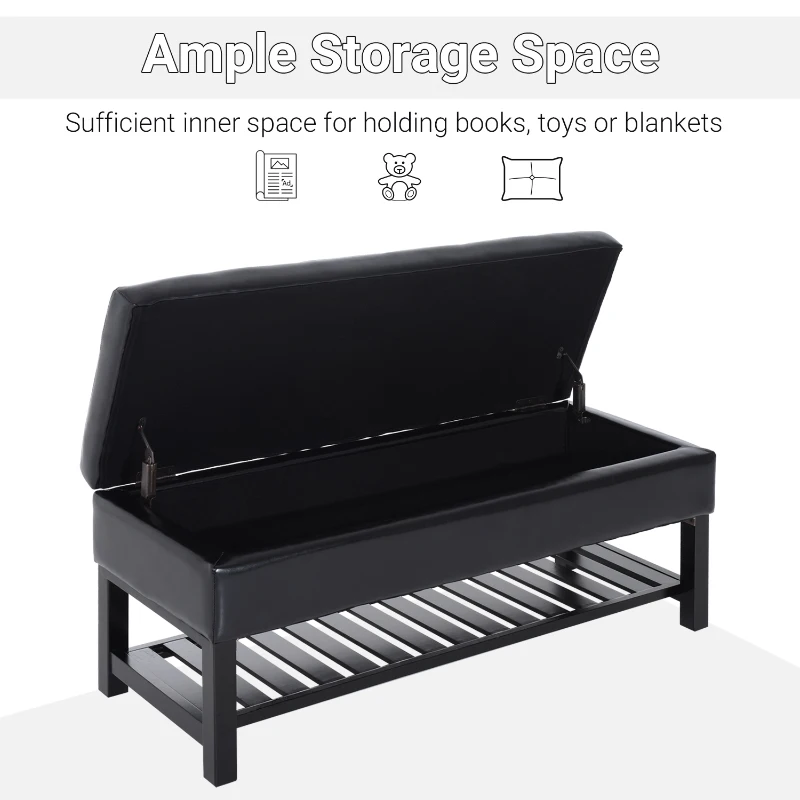 HomCom 44" Tufted Faux Leather Ottoman Storage Bench With Shoe Rack - Black