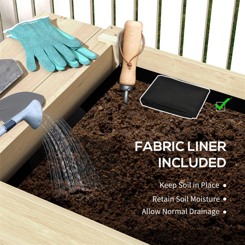 Outsunny Wood Raised Garden Box, Elevated Garden Bed with Side Table, Bottom Shelf, Bed Liners and Drainage Holes, Natural